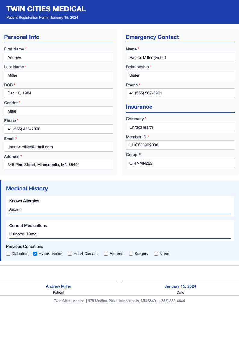 Side by side patient registration form