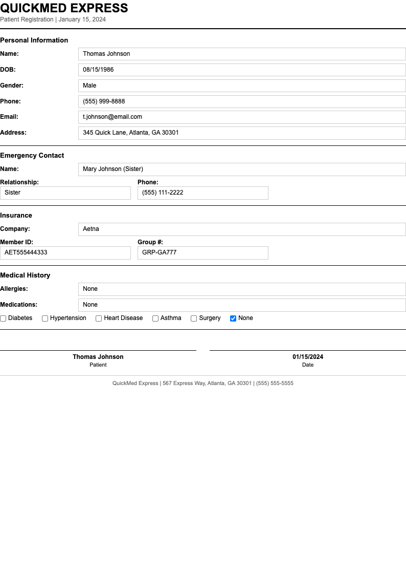 Simple efficient patient registration form