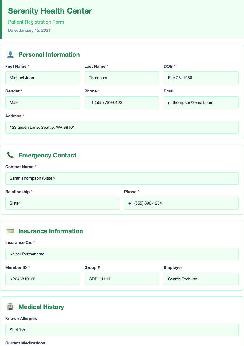 Warm green patient registration form