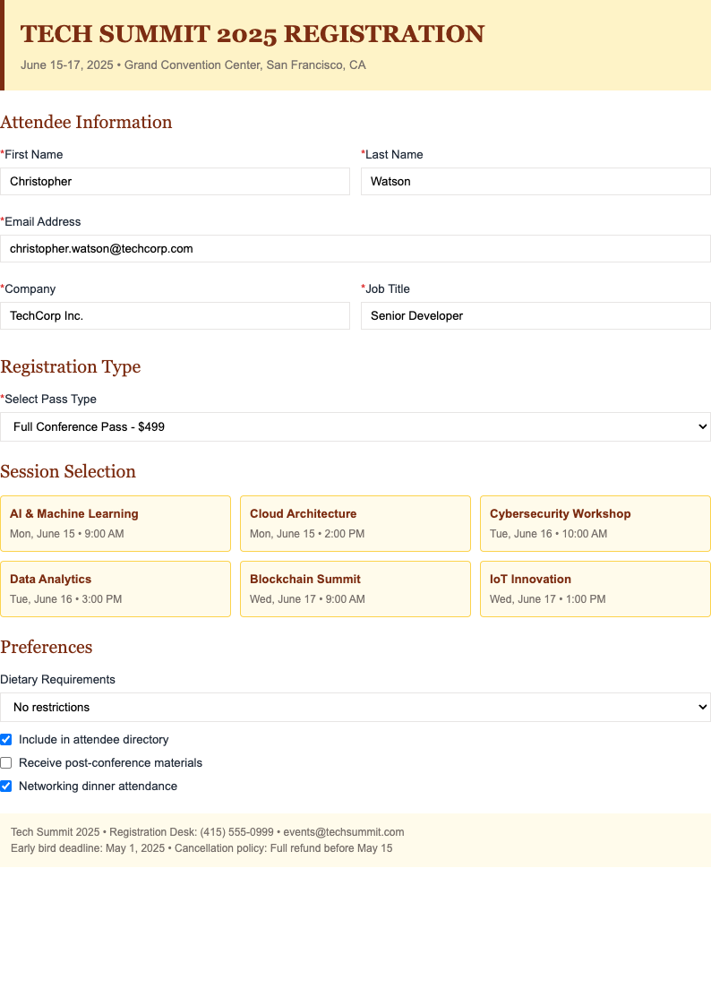 Conference event registration form