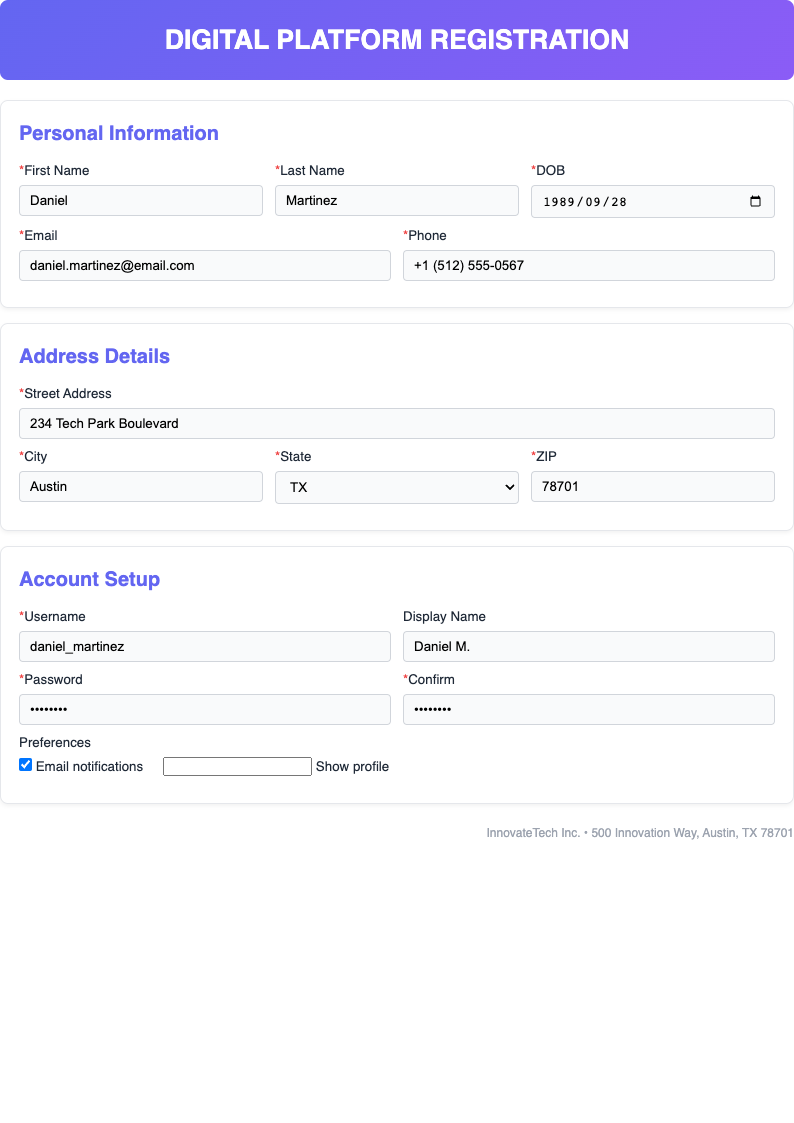Contemporary grid registration form