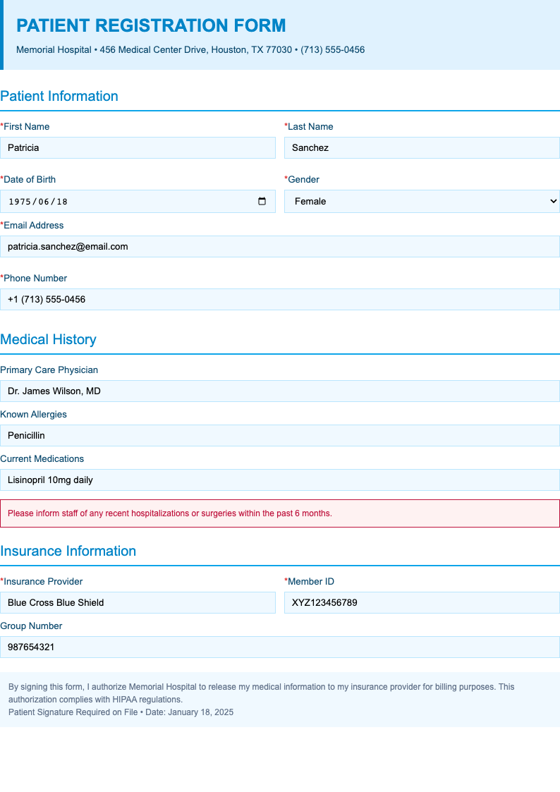 Medical patient registration form