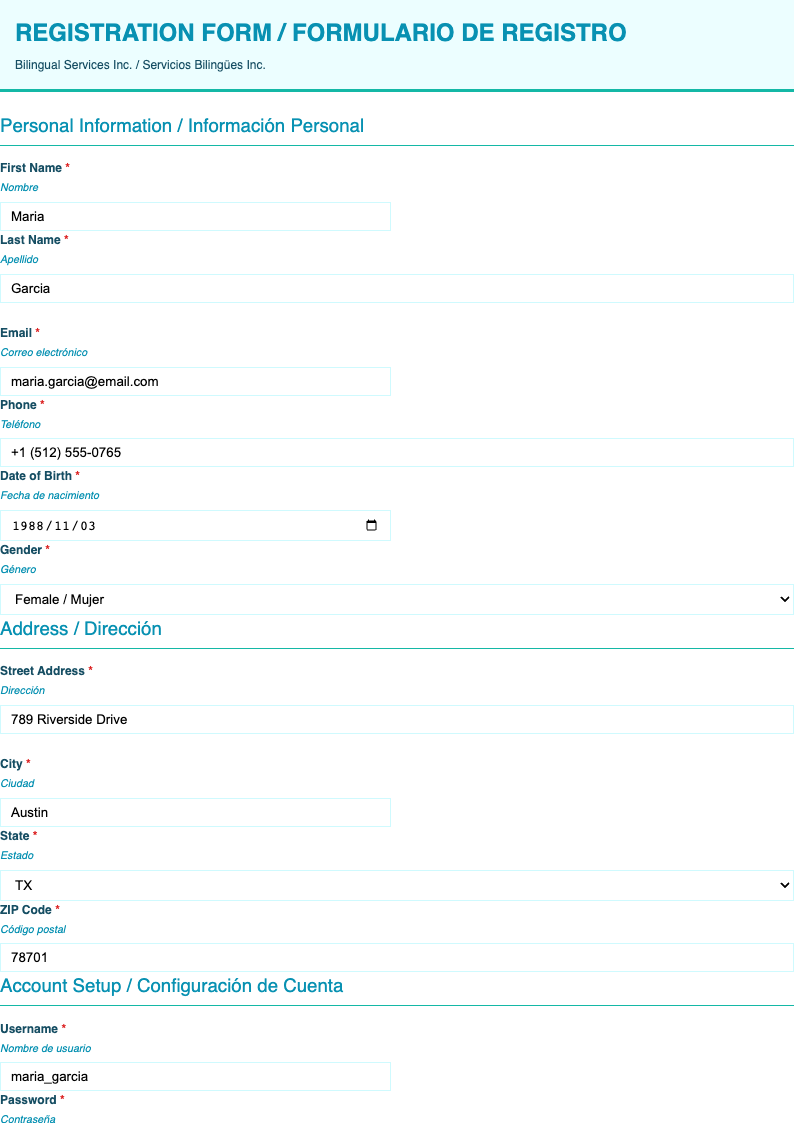 Multilingual bilingual registration form