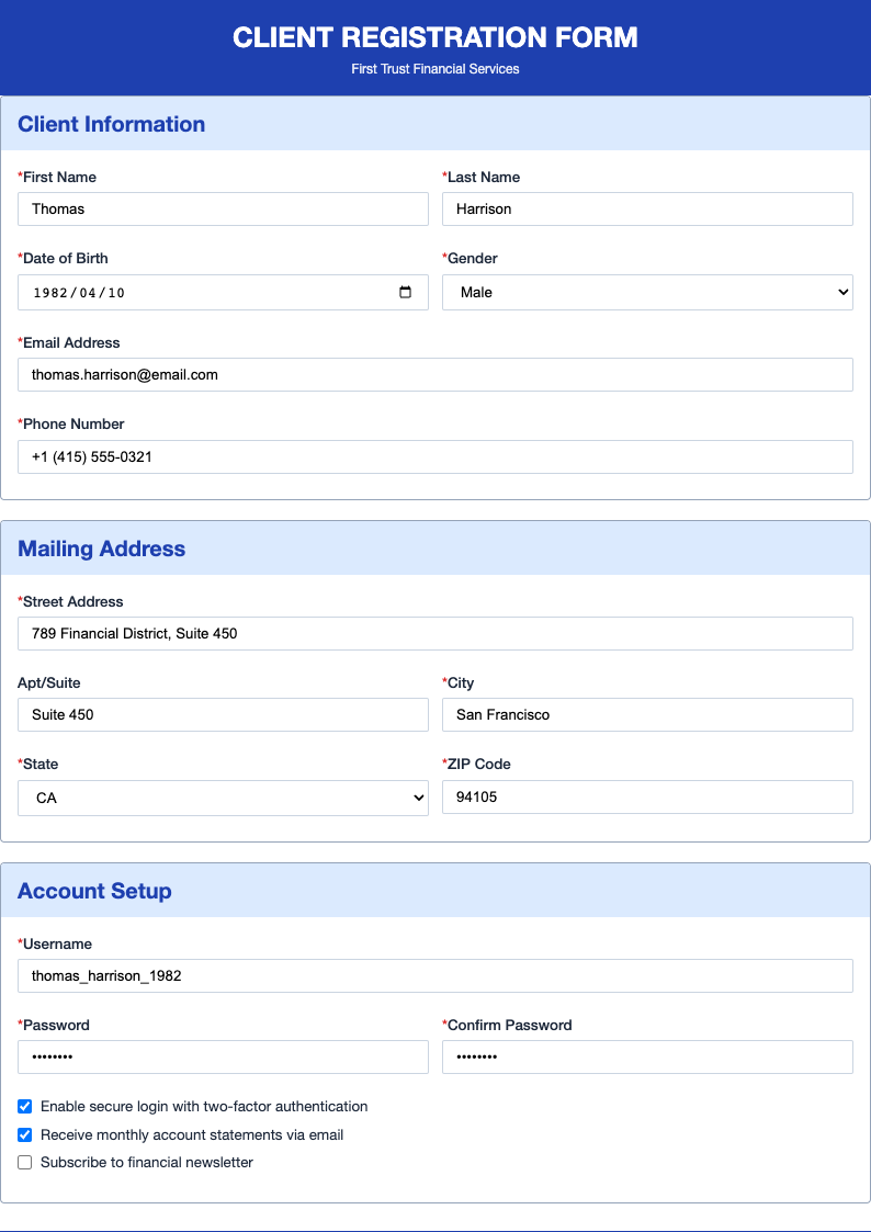 Professional blue registration form