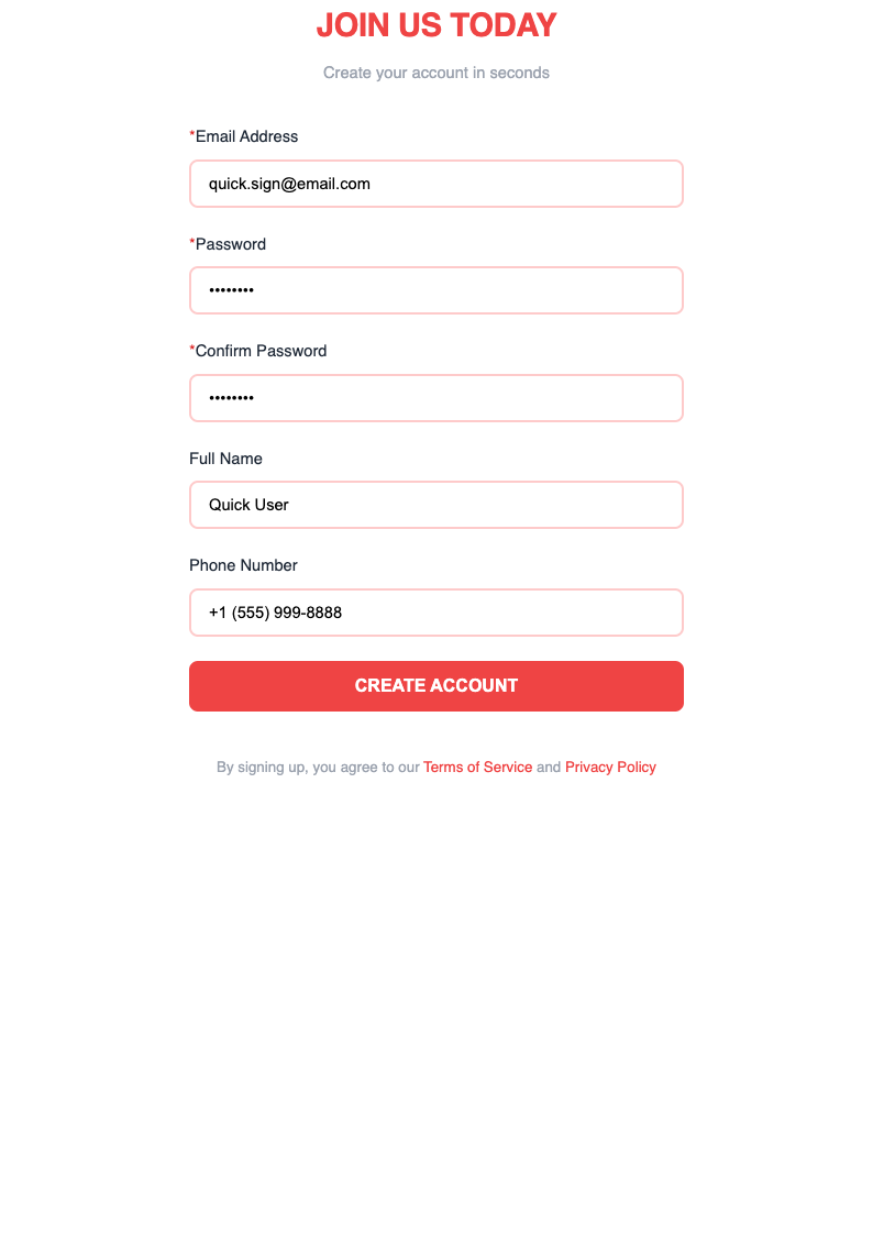 Quick signup registration form