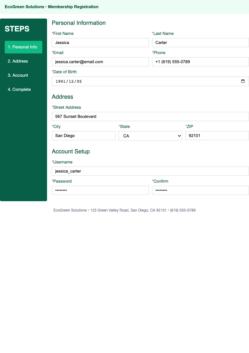 Sidebar navigation registration form