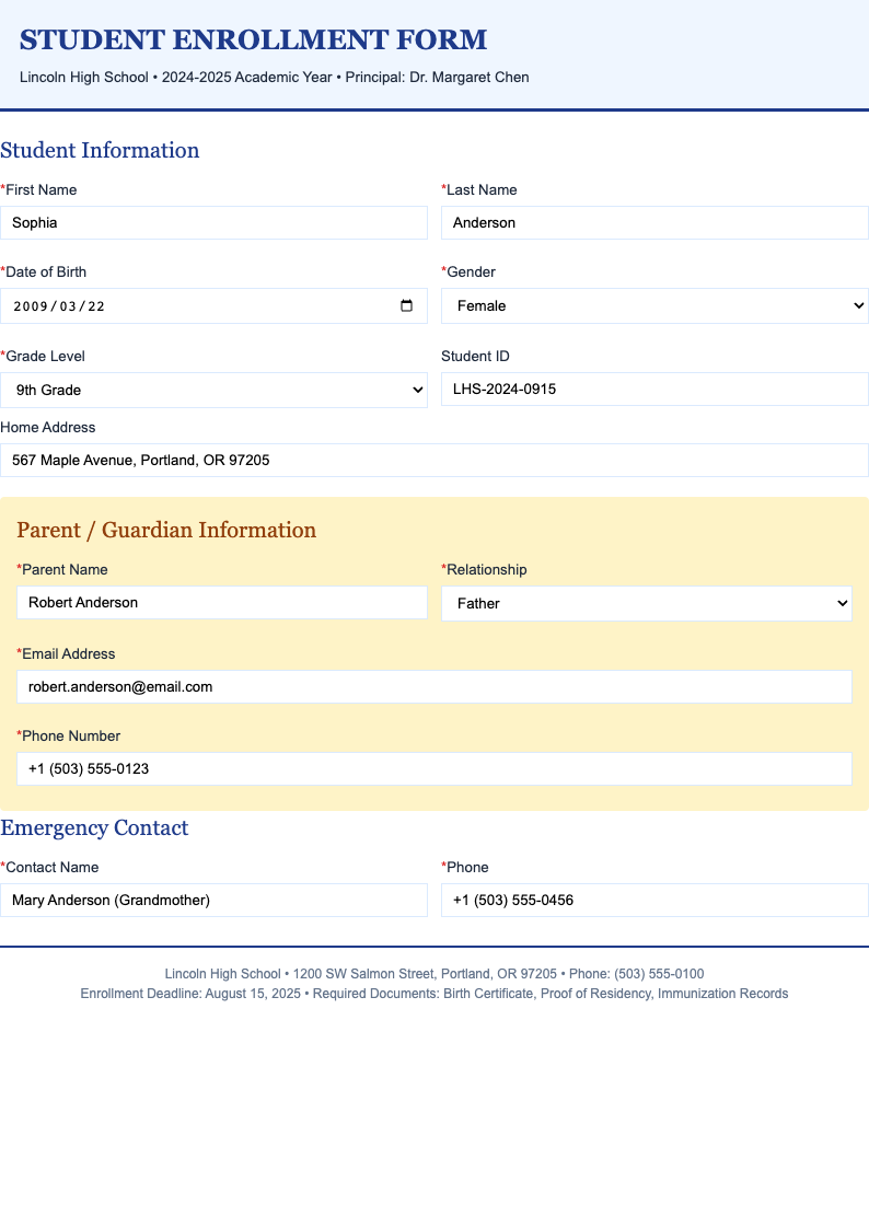 Student school registration form