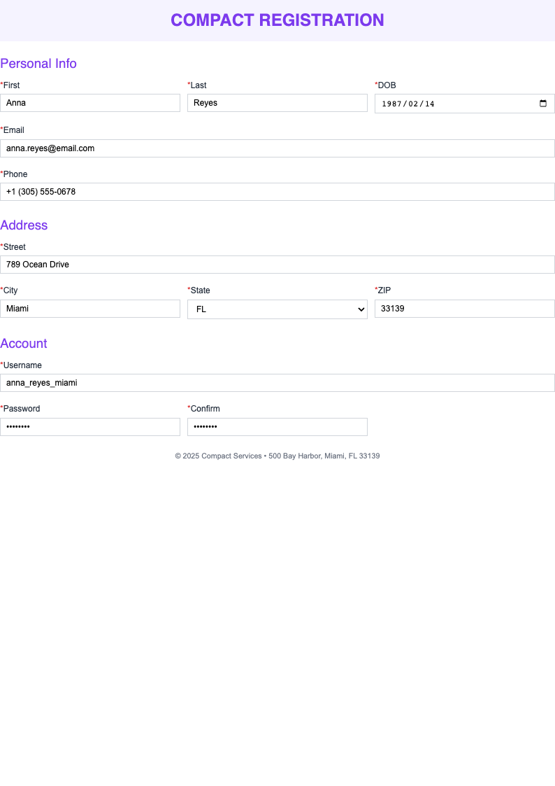 Three column registration form