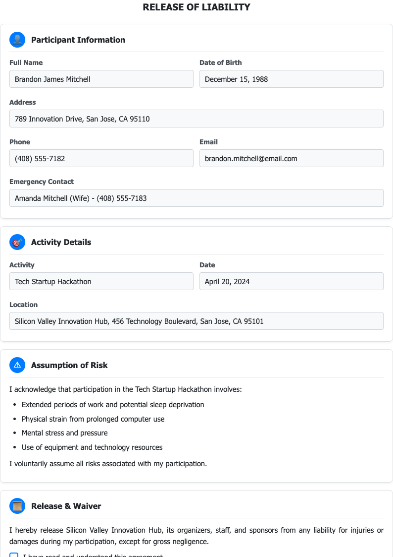 Card style release of liability form