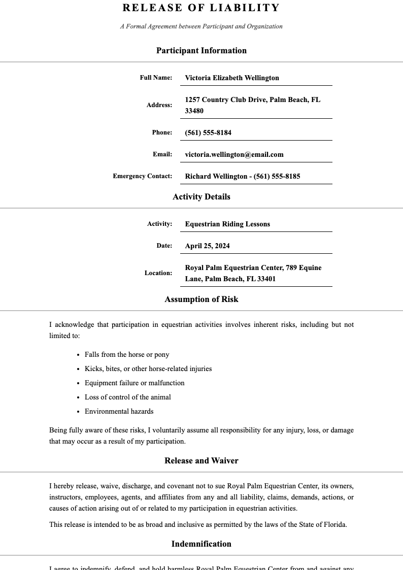 Centered formal release of liability form
