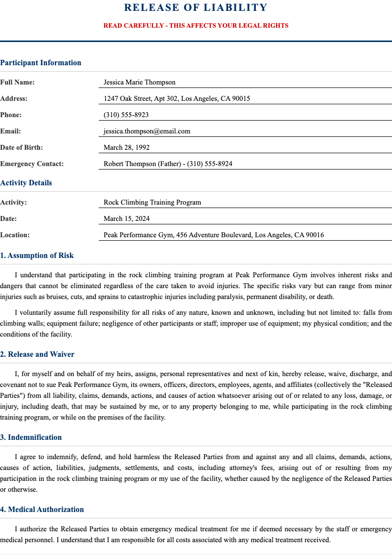 Classic professional release of liability form