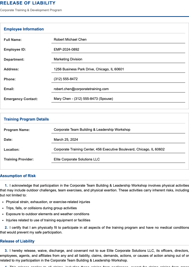 Clean corporate release of liability form