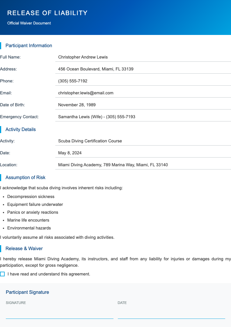 Color block header release of liability form