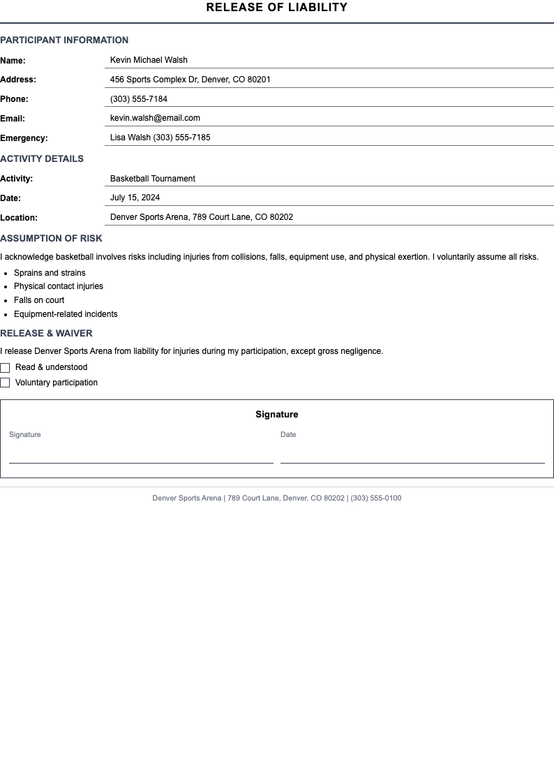 Compact efficient release of liability form