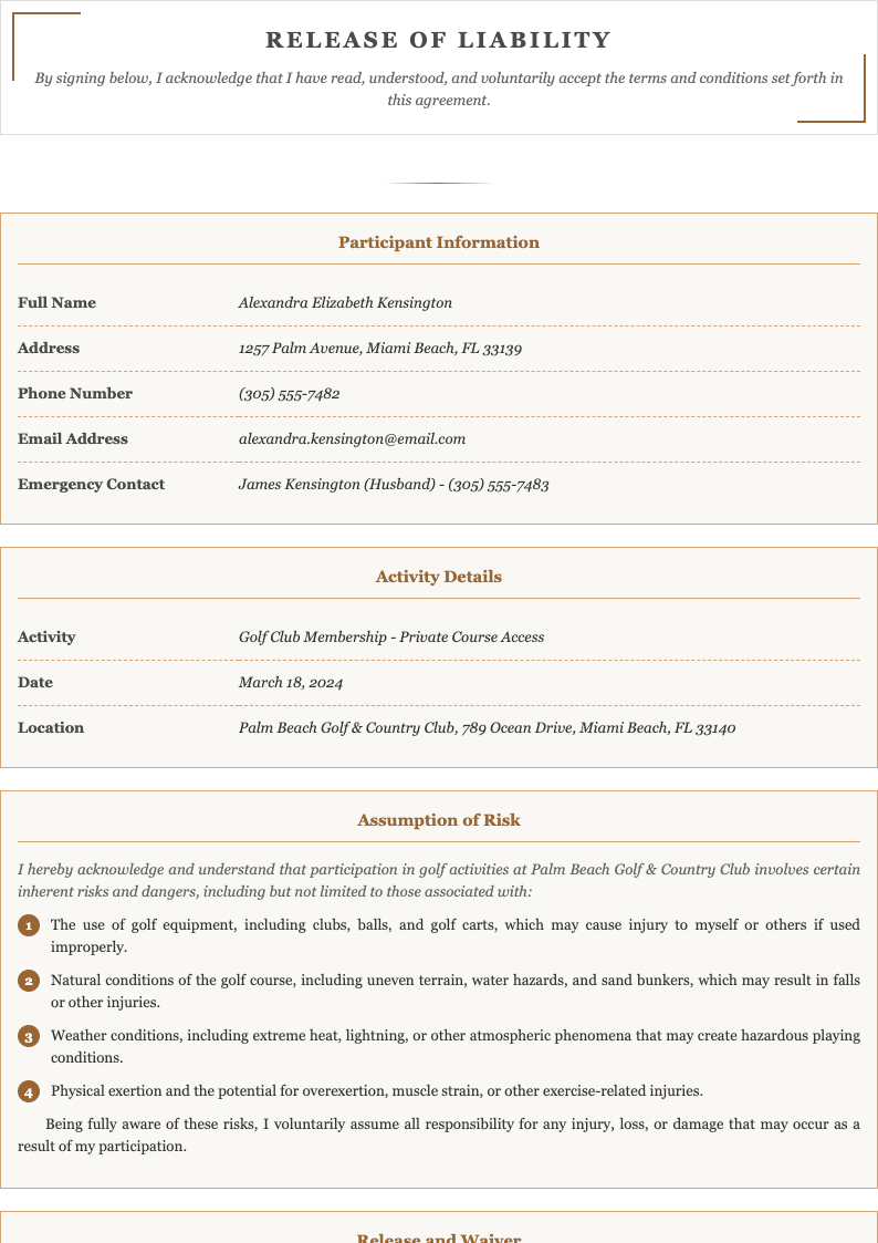 Elegant sophisticated release of liability form