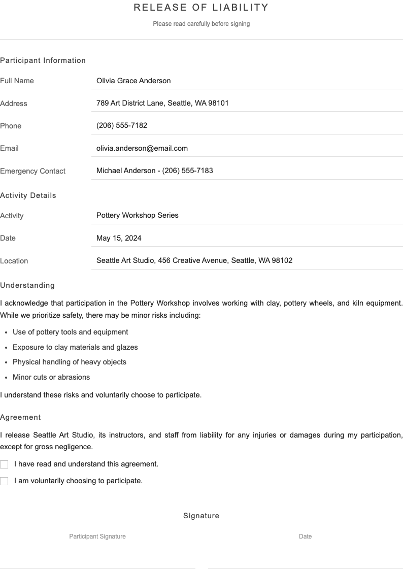 Minimal line art release of liability form