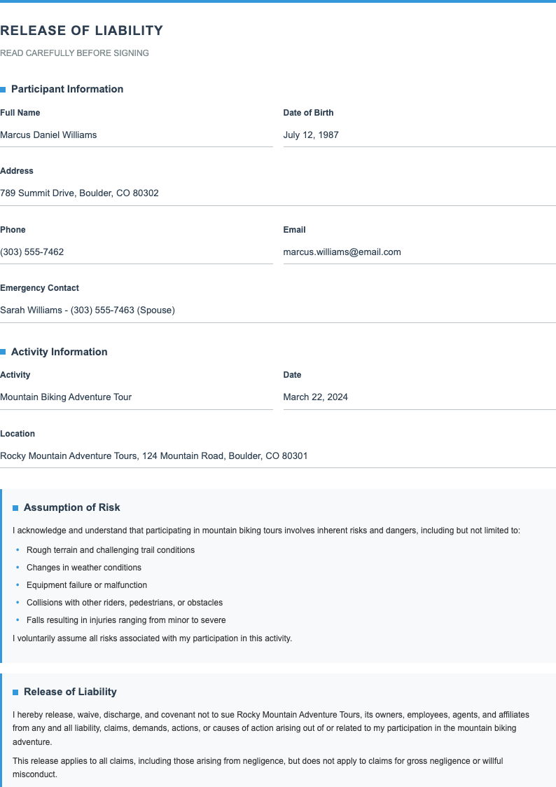 Modern minimalist release of liability form