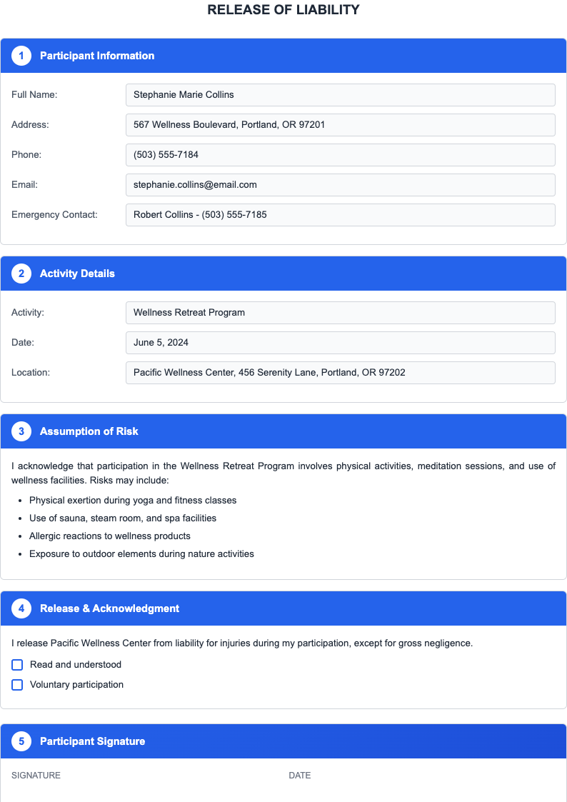 Tabbed sections release of liability form