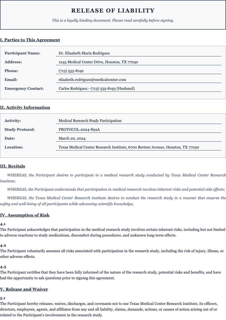 Trustworthy legal release of liability form