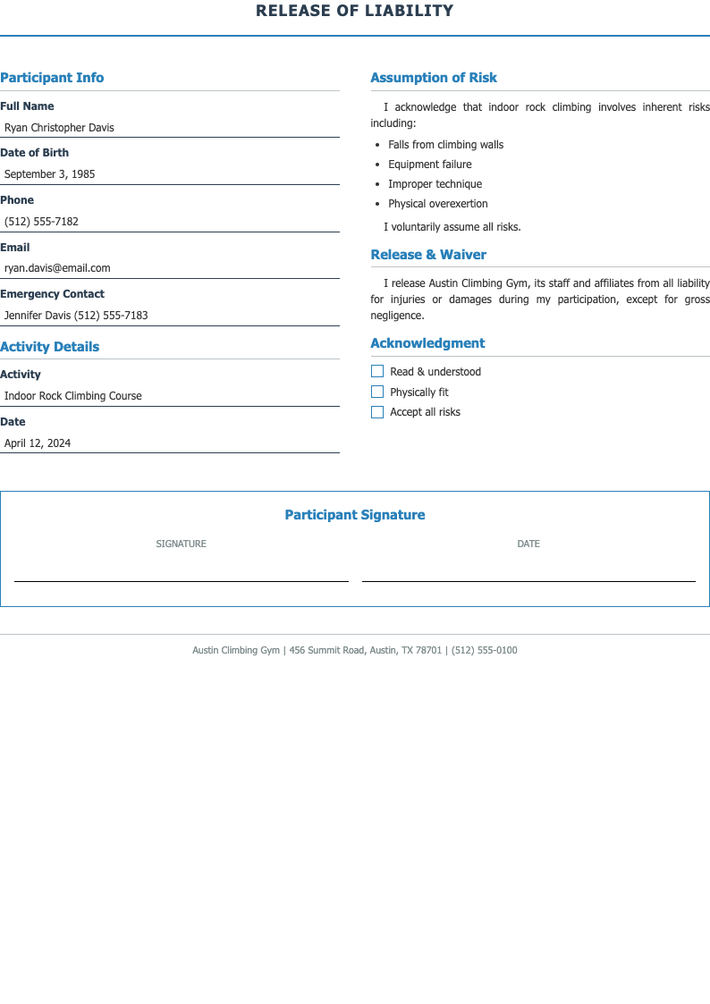 Two column split release of liability form