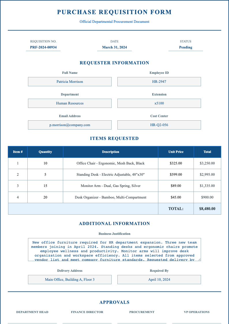 Centered requisition form