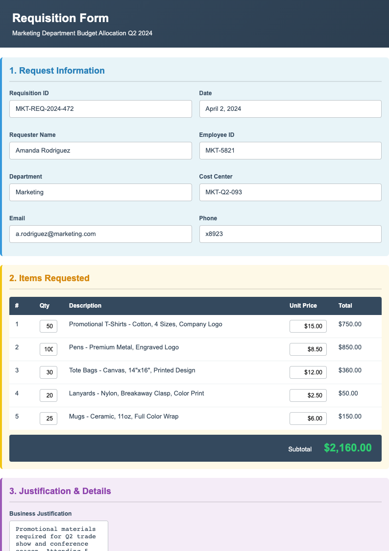 Color coded requisition form