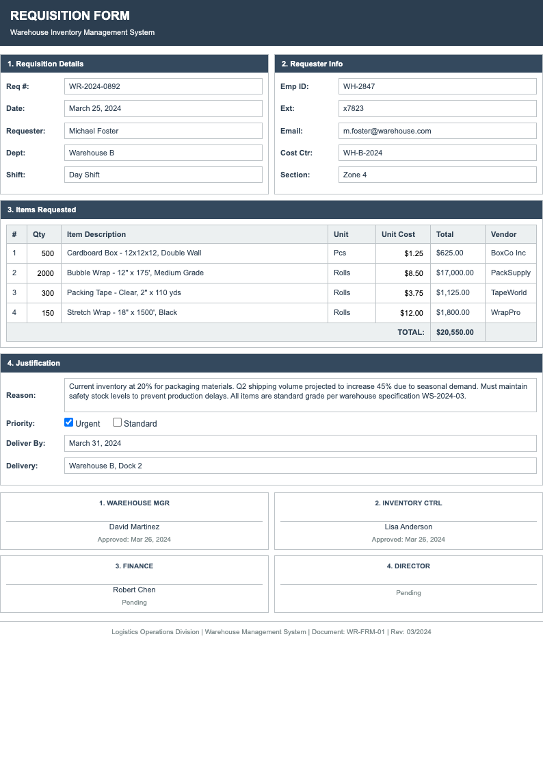 Grid based requisition form