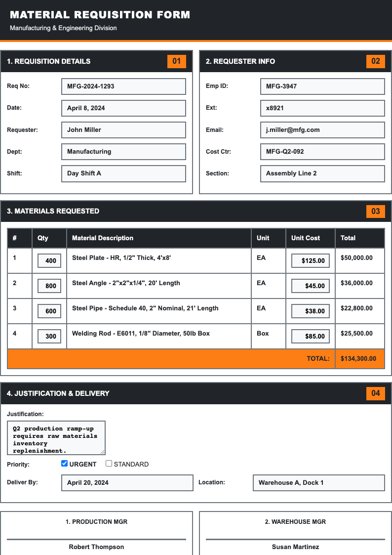 Industrial requisition form
