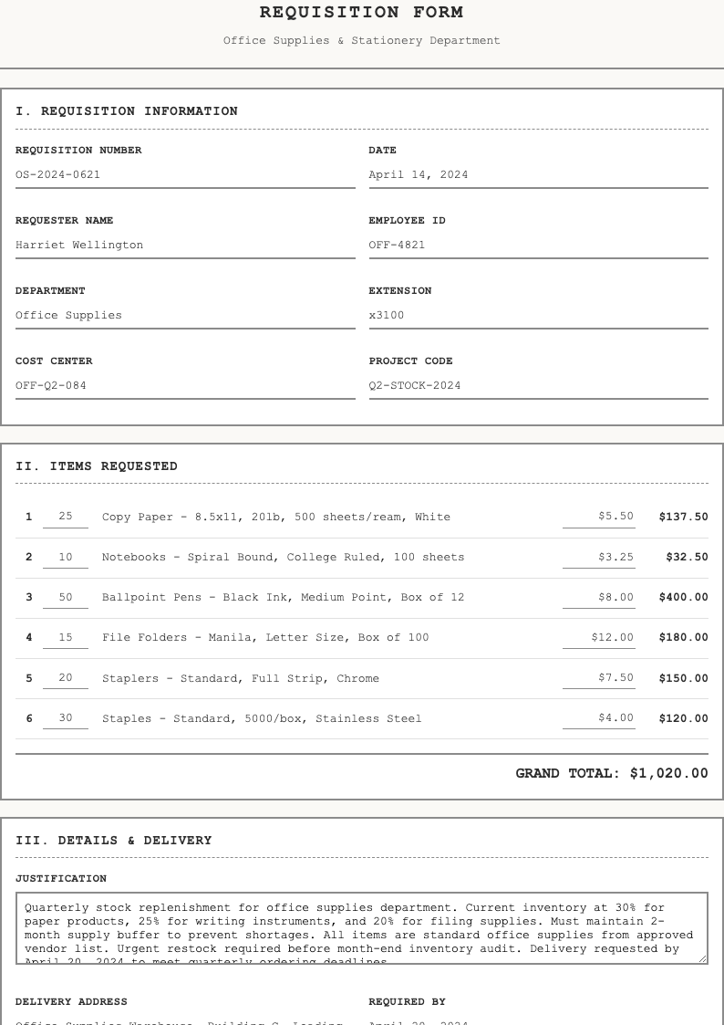 Retro style requisition form