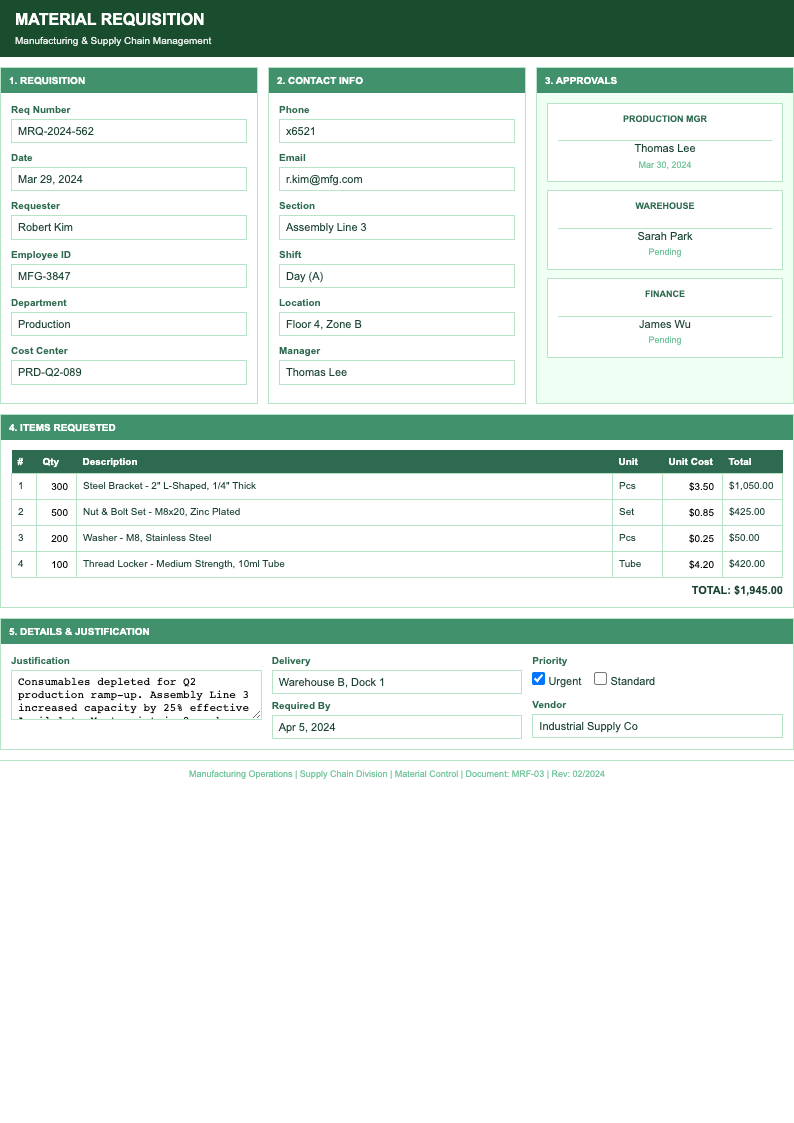 Tri column requisition form