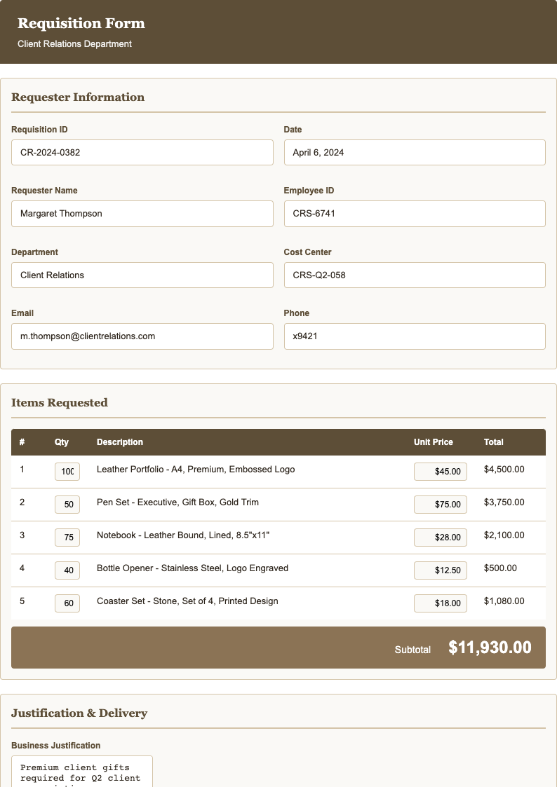 Warm corporate requisition form