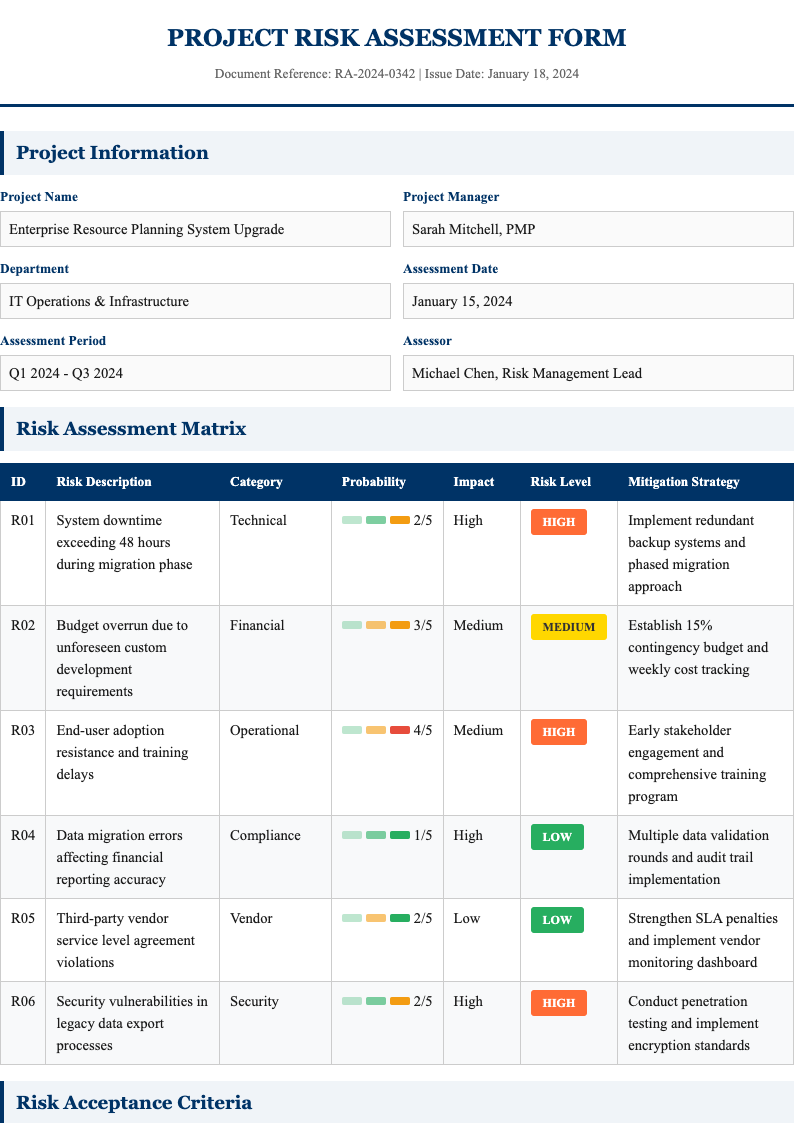 Classic professional risk assessment form