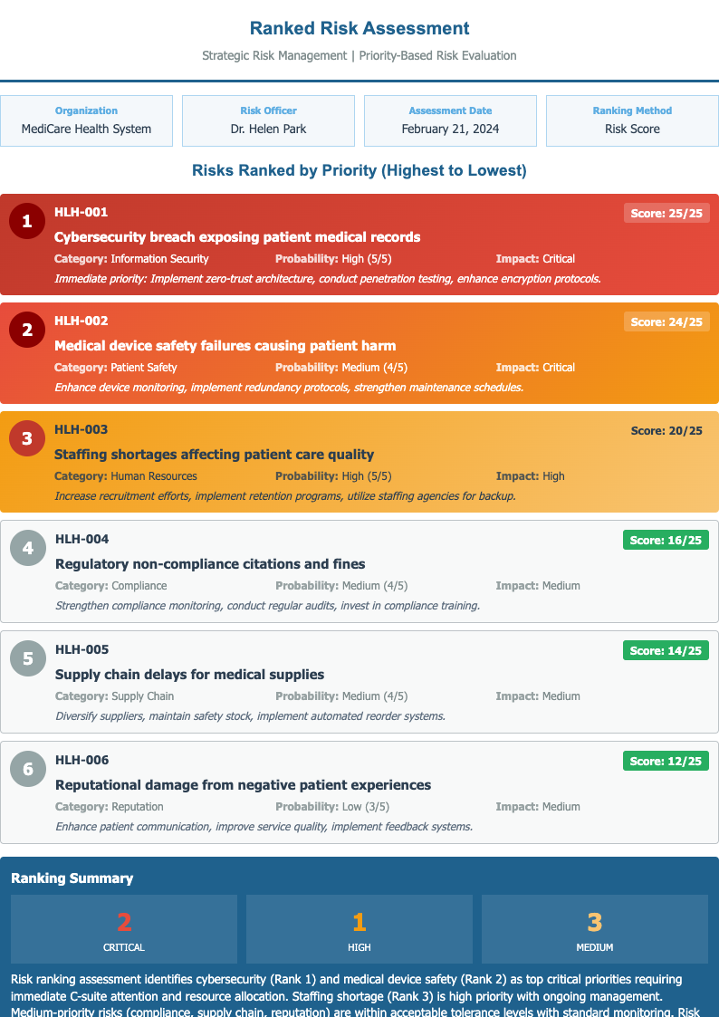 Ranking based risk assessment form