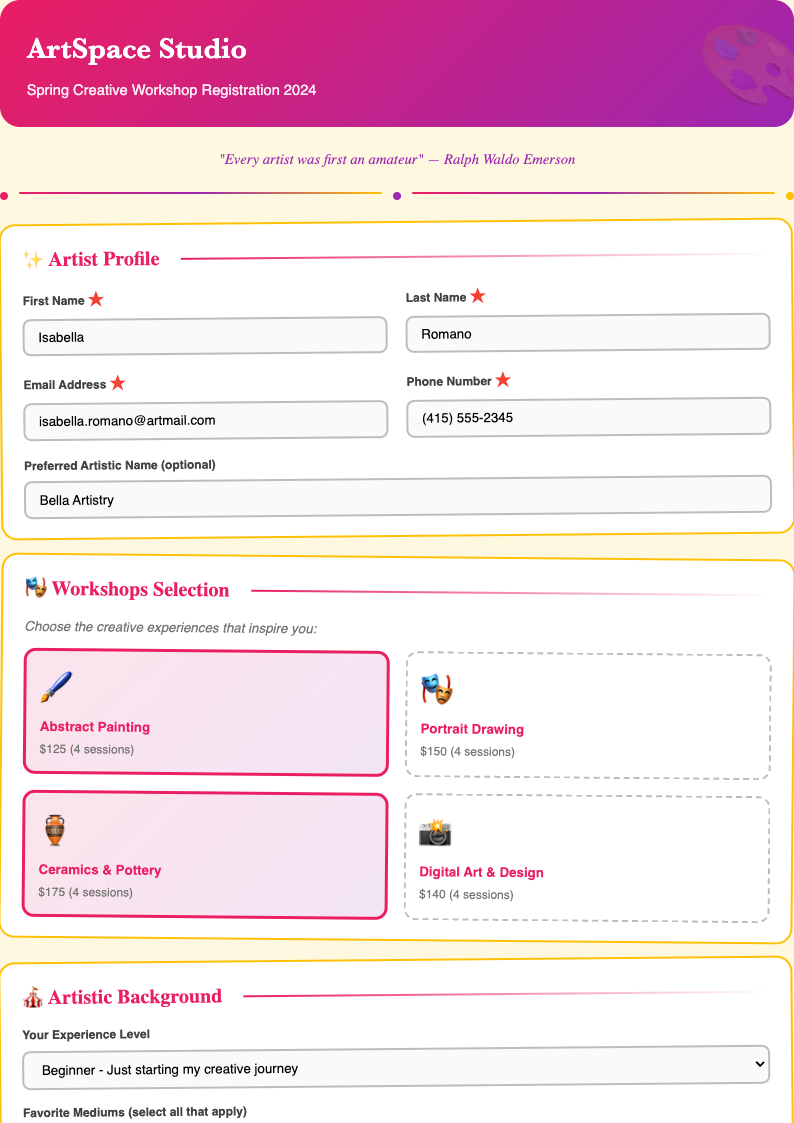 Artistic creative sample registration form