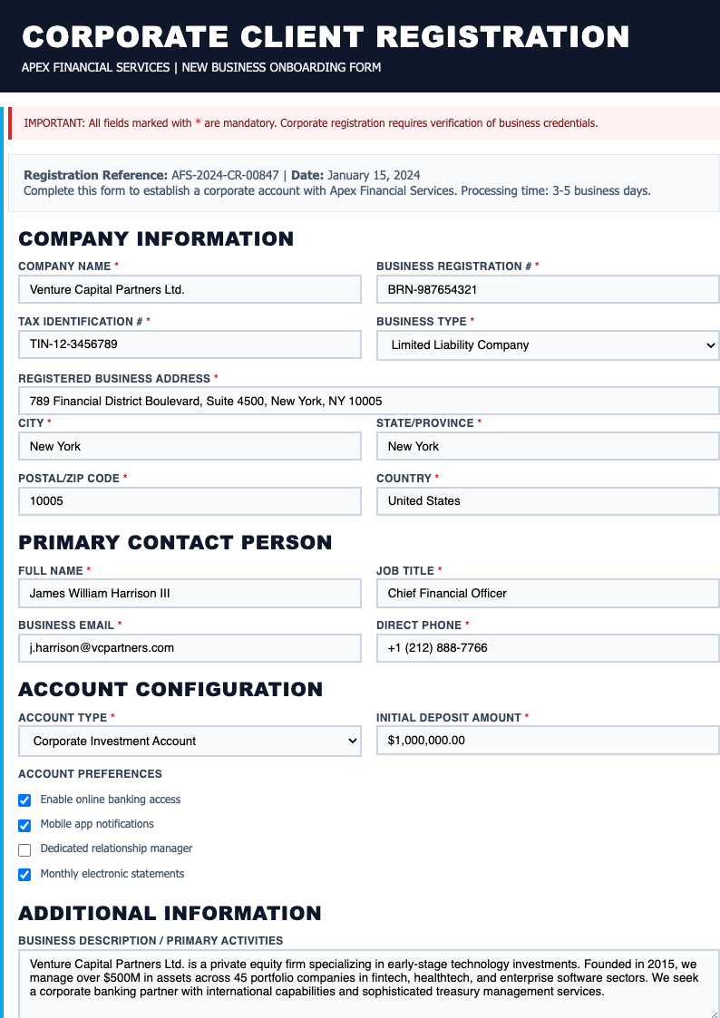 Bold corporate sample registration form