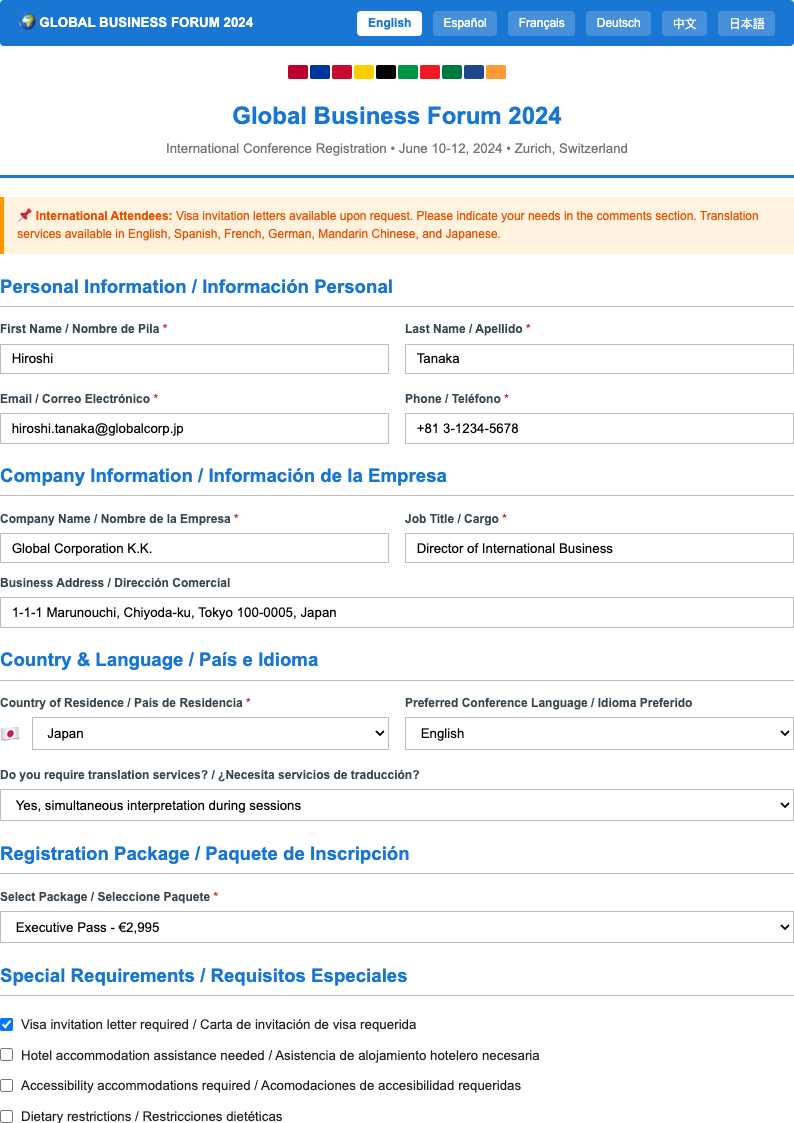 International multilingual sample registration form