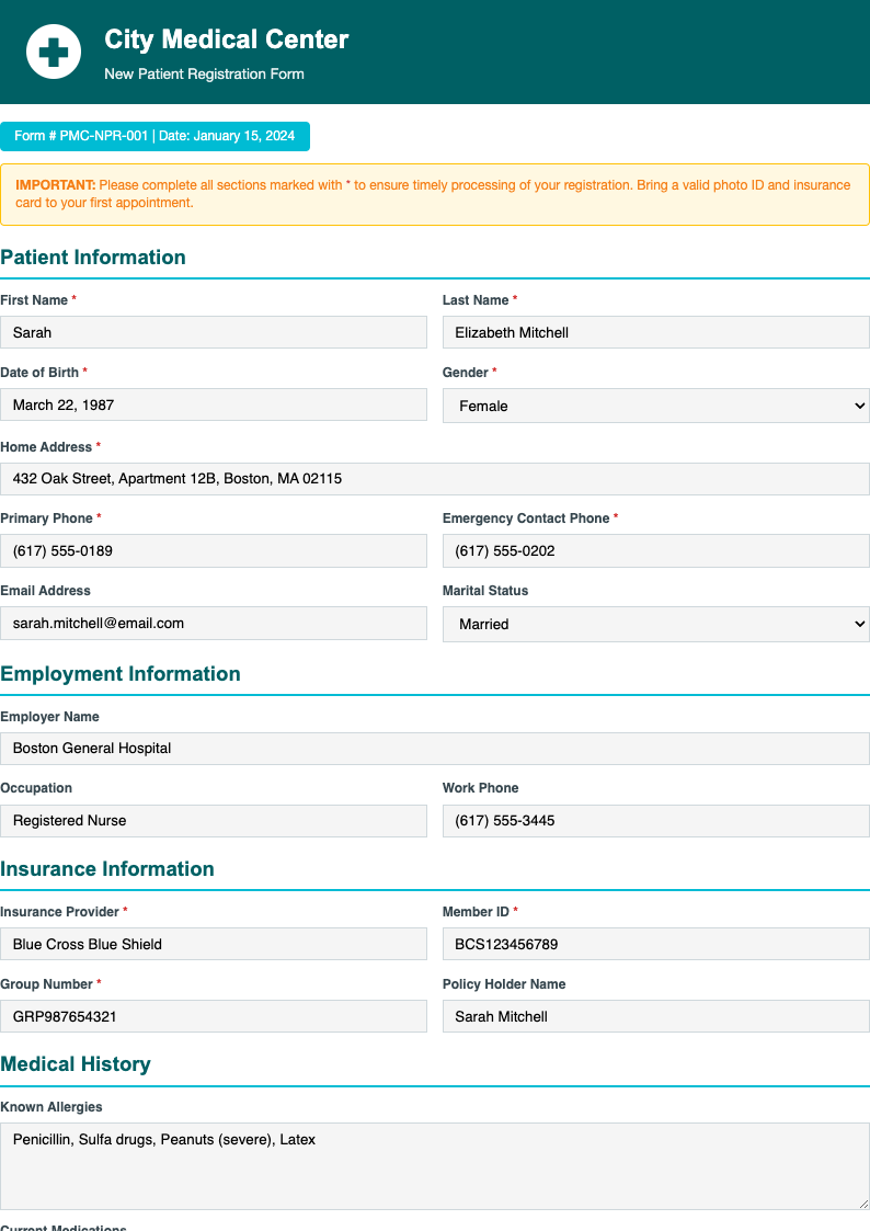 Medical professional sample registration form