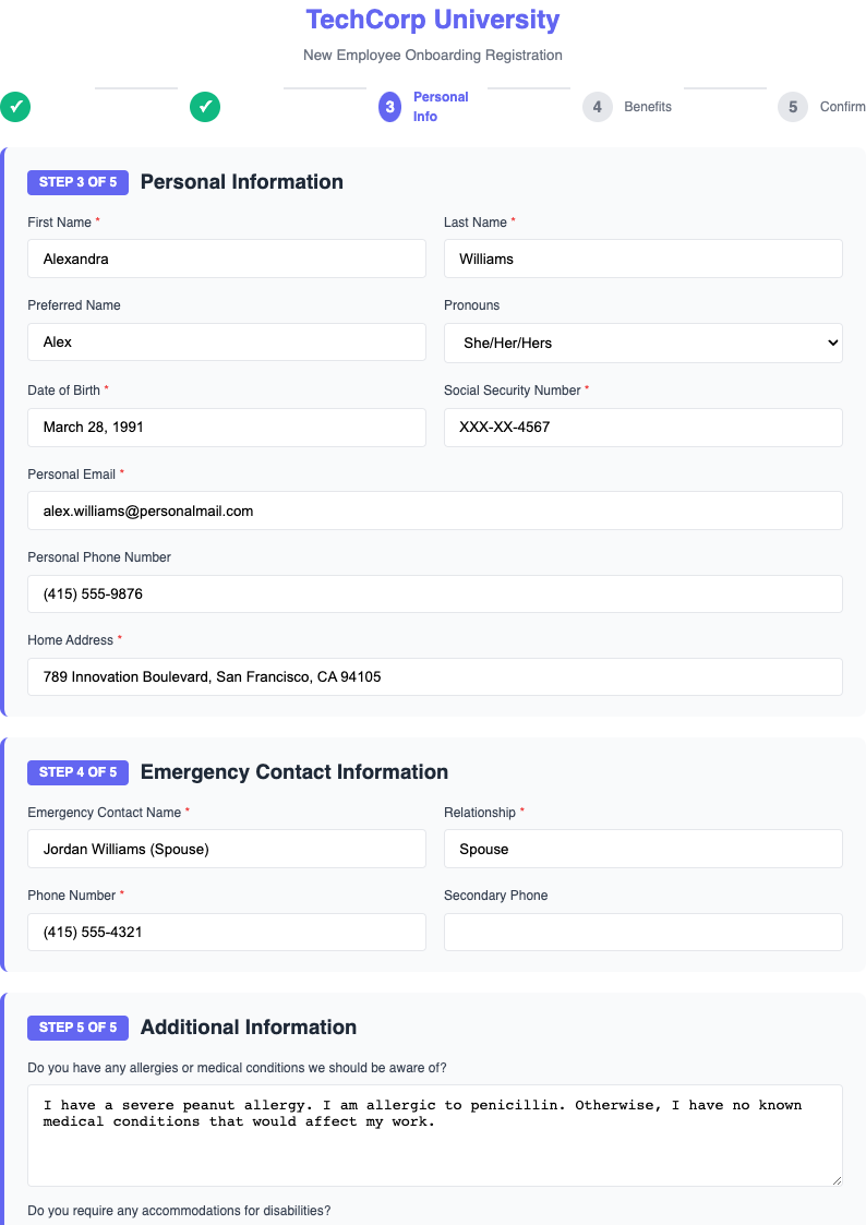 Timeline progressive sample registration form