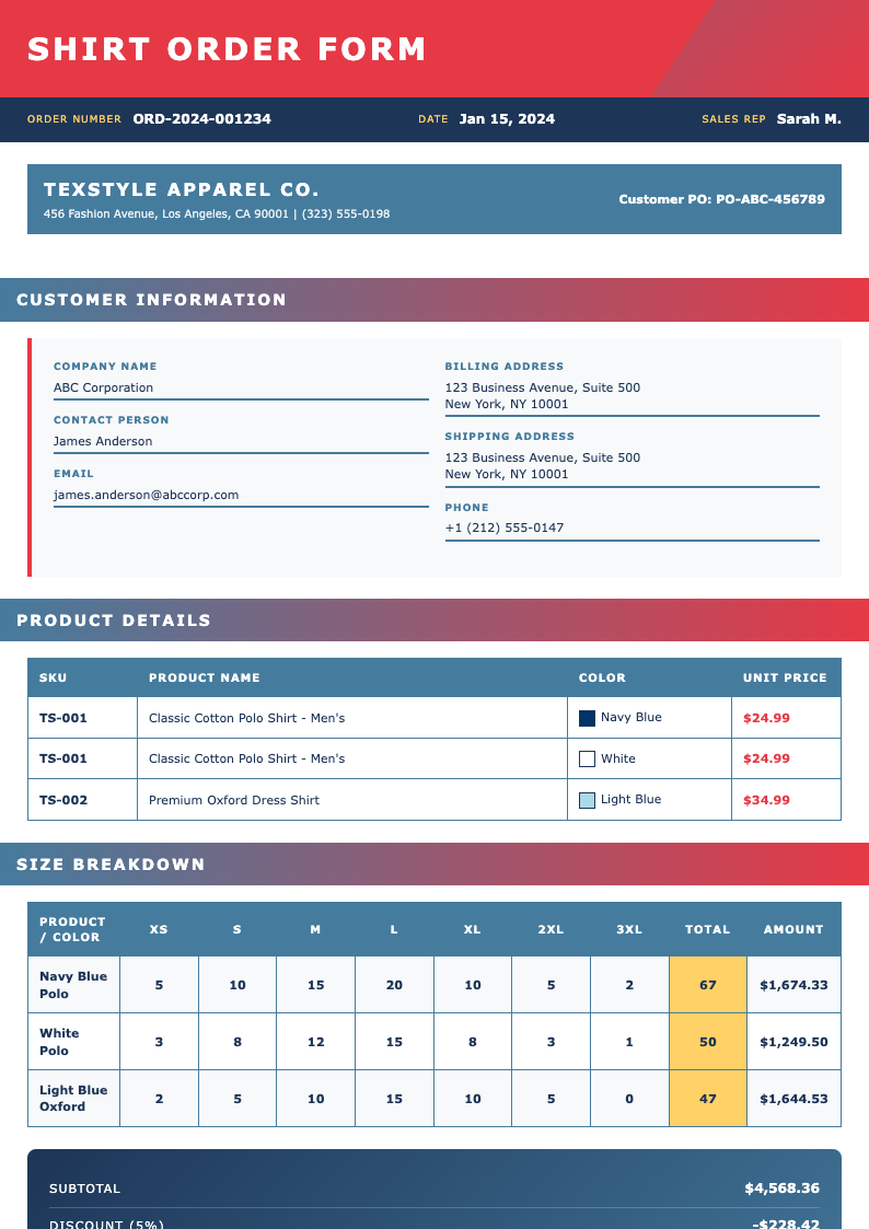 Bold contemporary shirt order form
