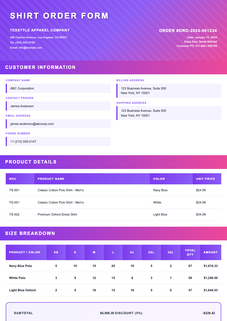 Bold header shirt order form