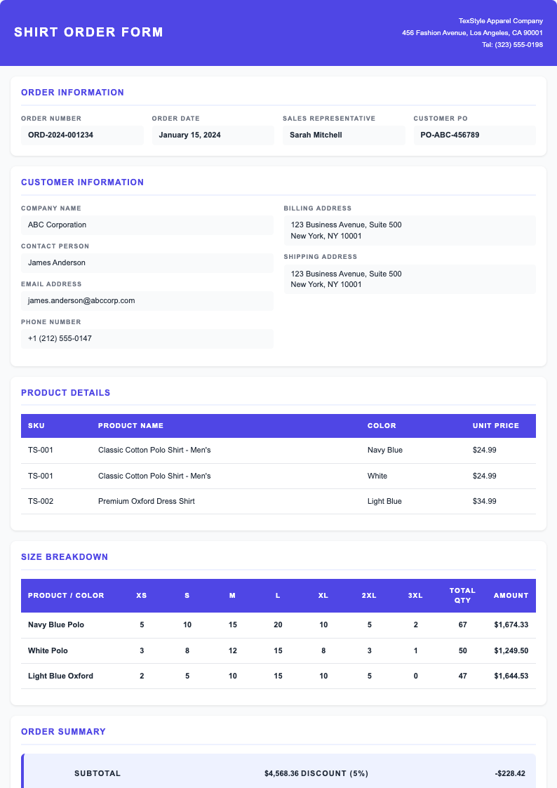 Card style shirt order form