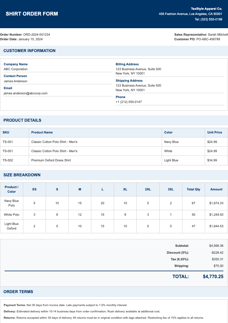 Classic professional shirt order form