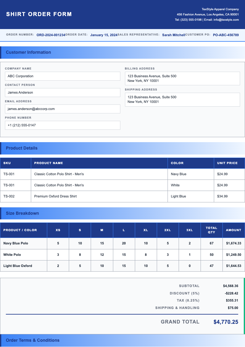 Clean corporate shirt order form