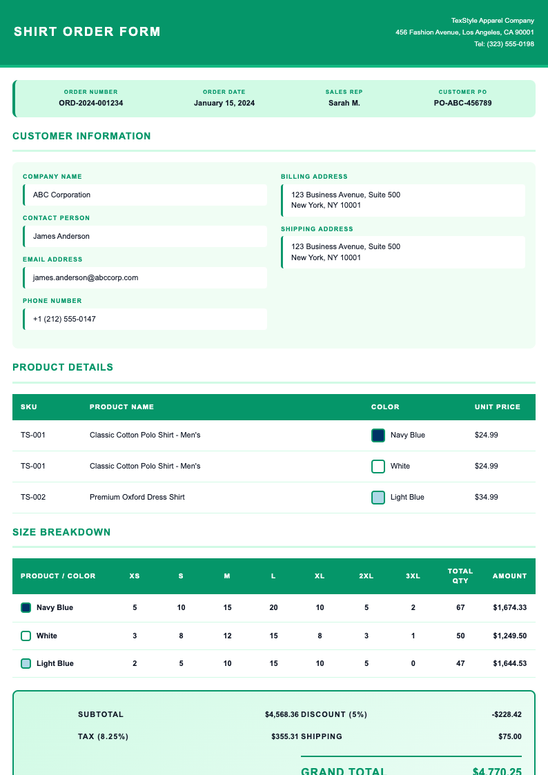 Color coded shirt order form