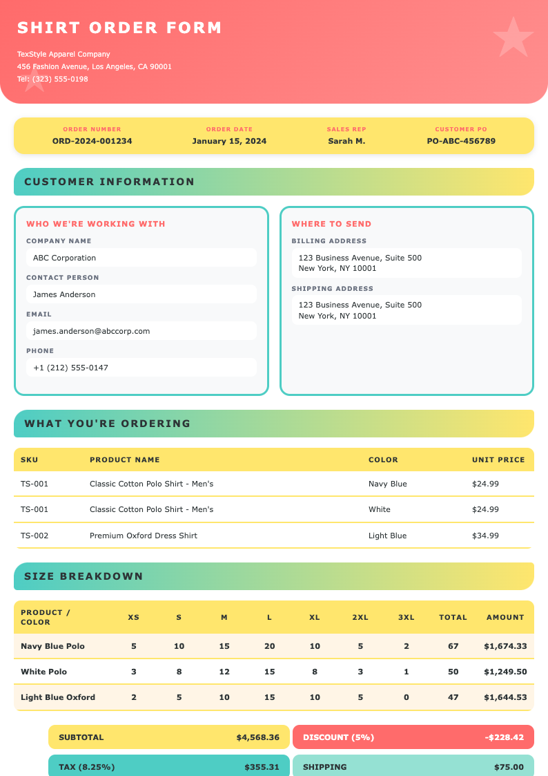 Colorful playful shirt order form