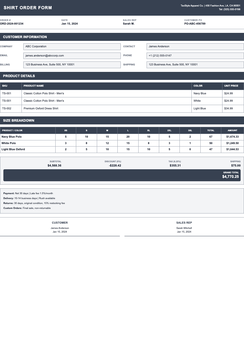 Compact grid shirt order form