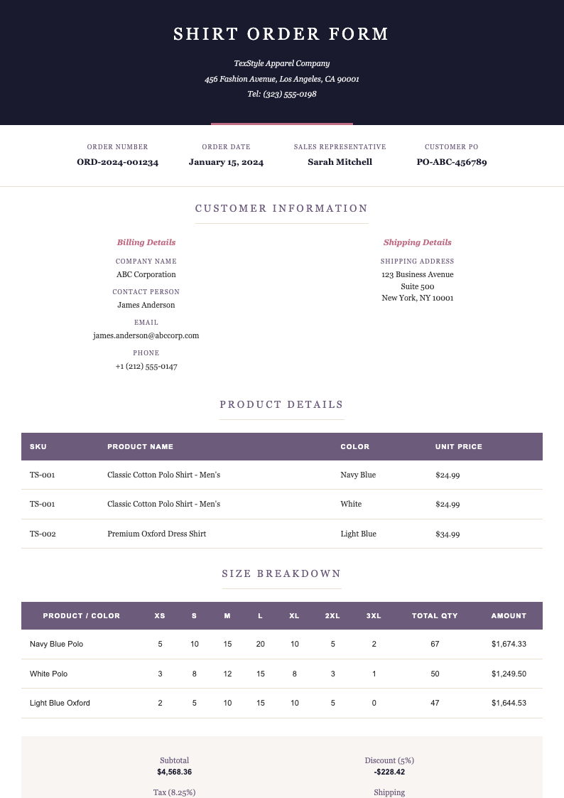 Elegant sophisticated shirt order form