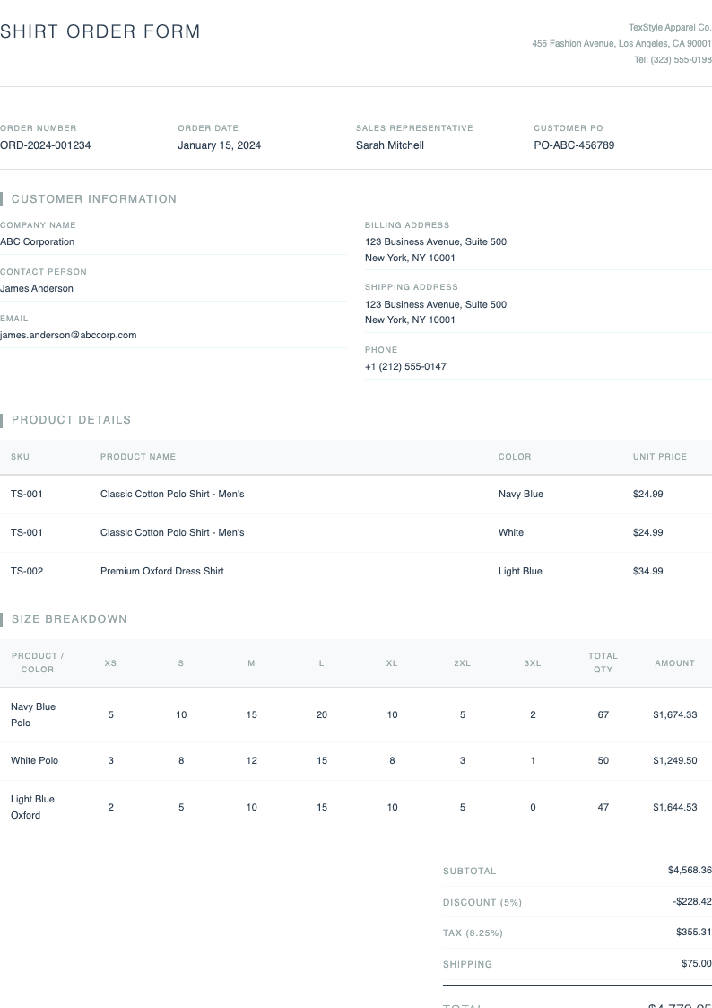 Modern minimalist shirt order form