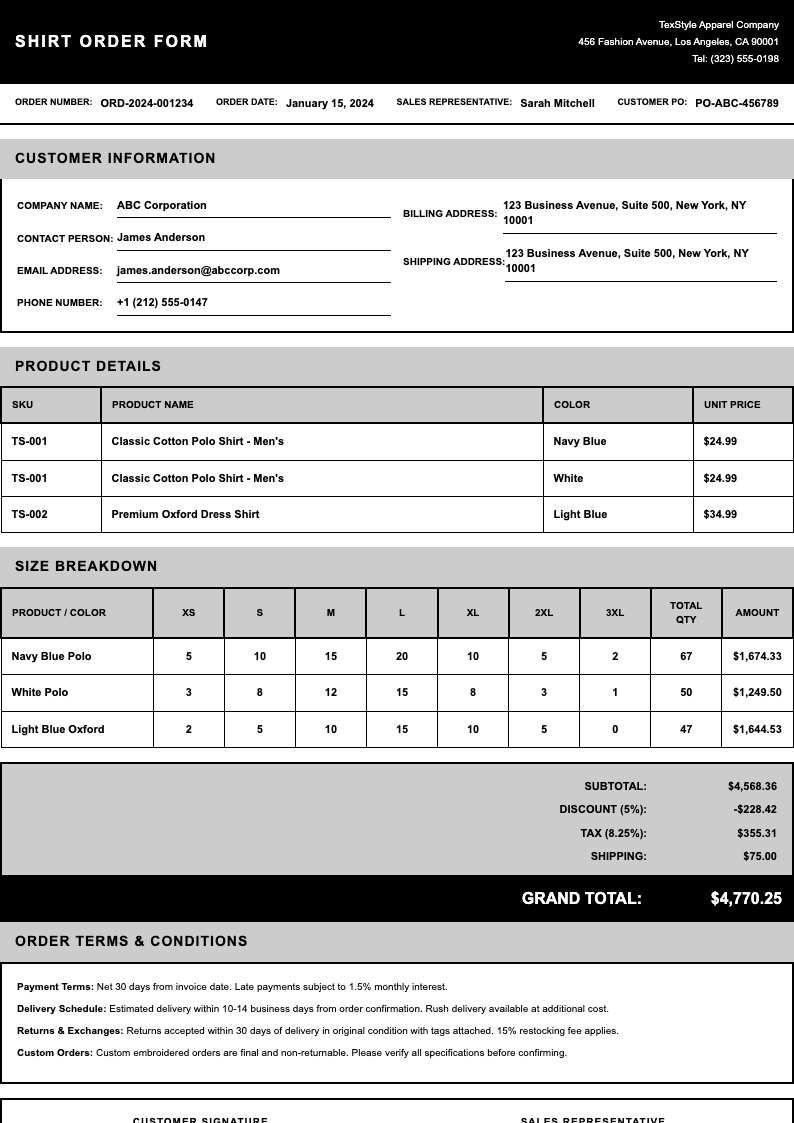 Print optimized shirt order form