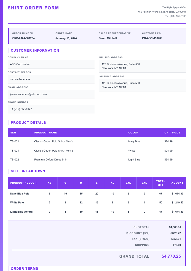 Side accent shirt order form